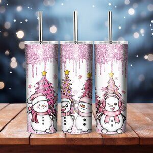 Pink Christmas Snowmans Skinny Tumbler, Christmas Mug